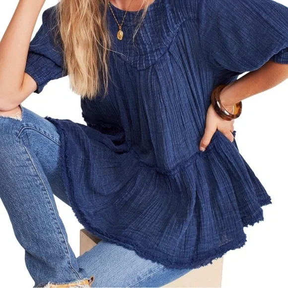 New Free People Denim Distressed Blue Smocked Mini Dress Tunic Cotton Host Pick - Picture 3 of 15
